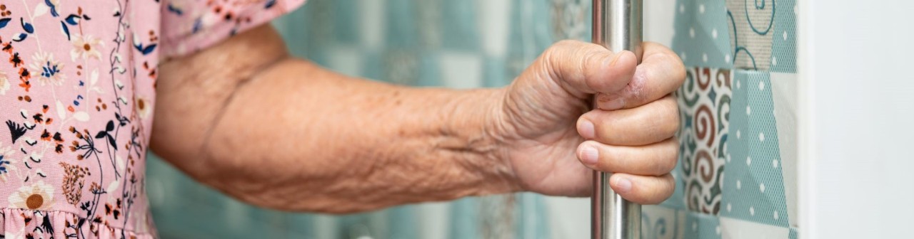elderly woman using bathroom support bars in wheelchair accessible house for rent