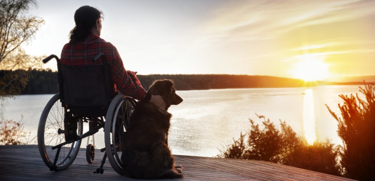 Women in wheelchair with her dog at sunset