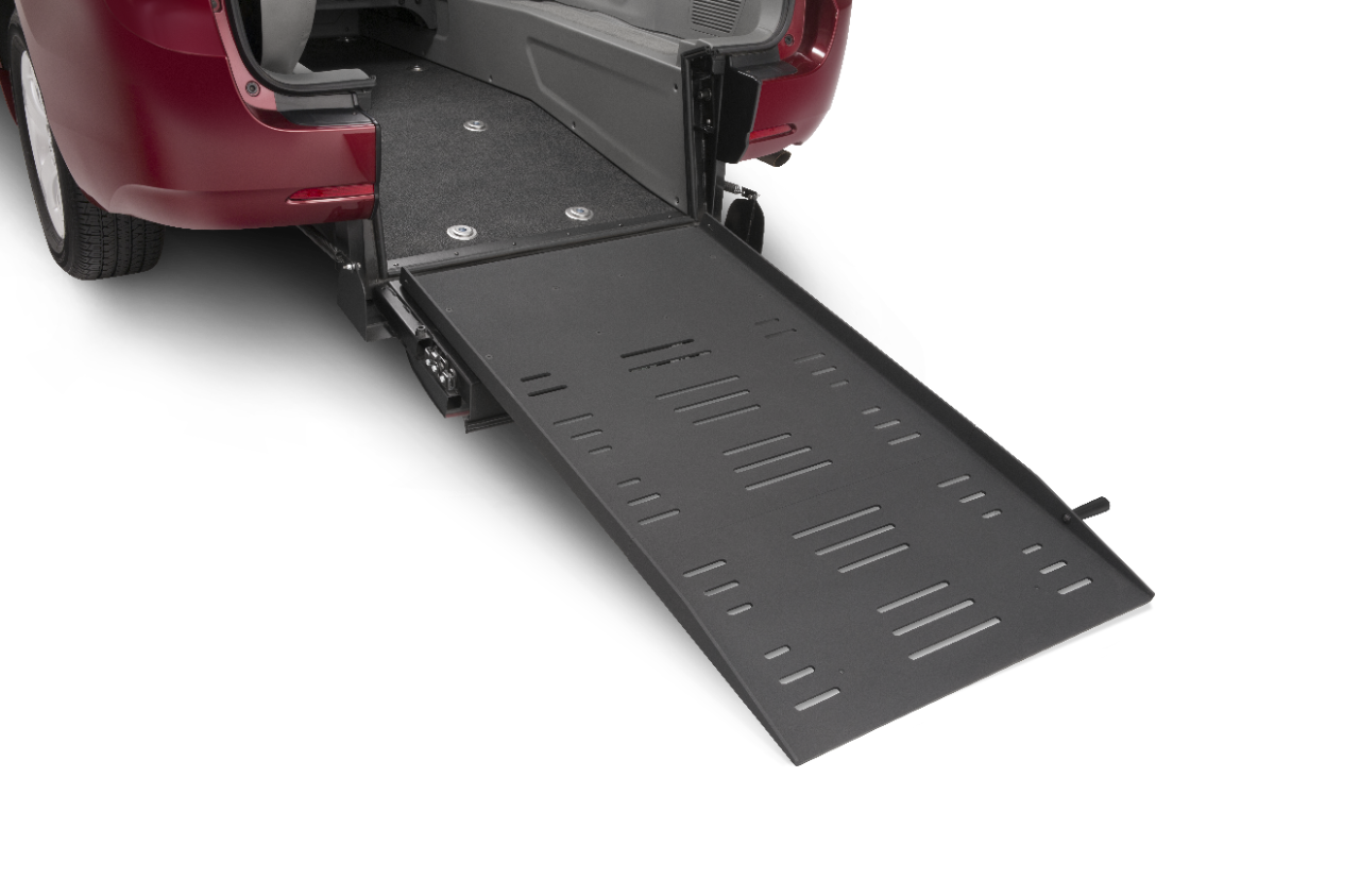 Red BraunAbility Toyota Sienna Rear-Entry Open Ramp Close-up View